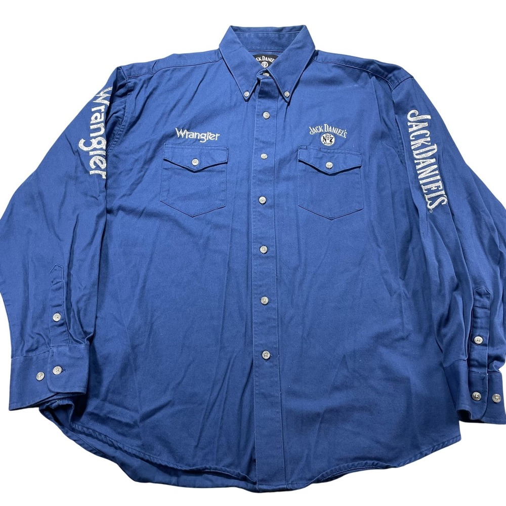 Jack Daniels Shirt Mens XL Blue Twill Long Sleeve Button Western Wrangler Rodeo